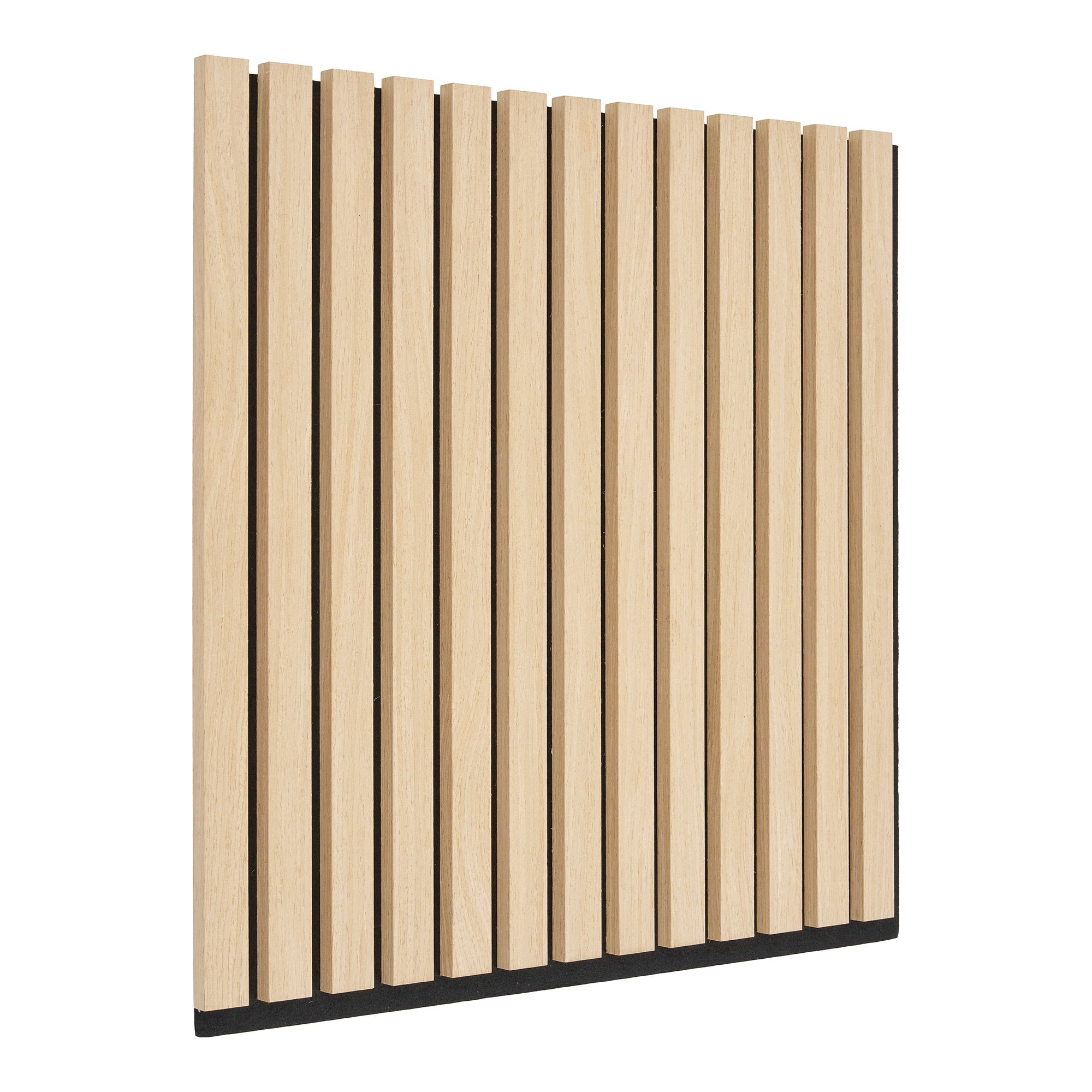 Panneau acoustique plaqué chêne naturel vue angle relief lames bois blond fond blanc