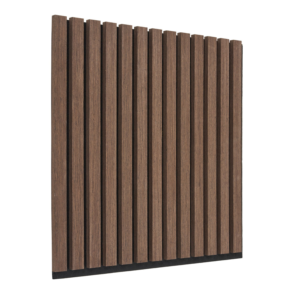 Panneau acoustique plaqué noyer vue angle relief lames bois foncé fond blanc