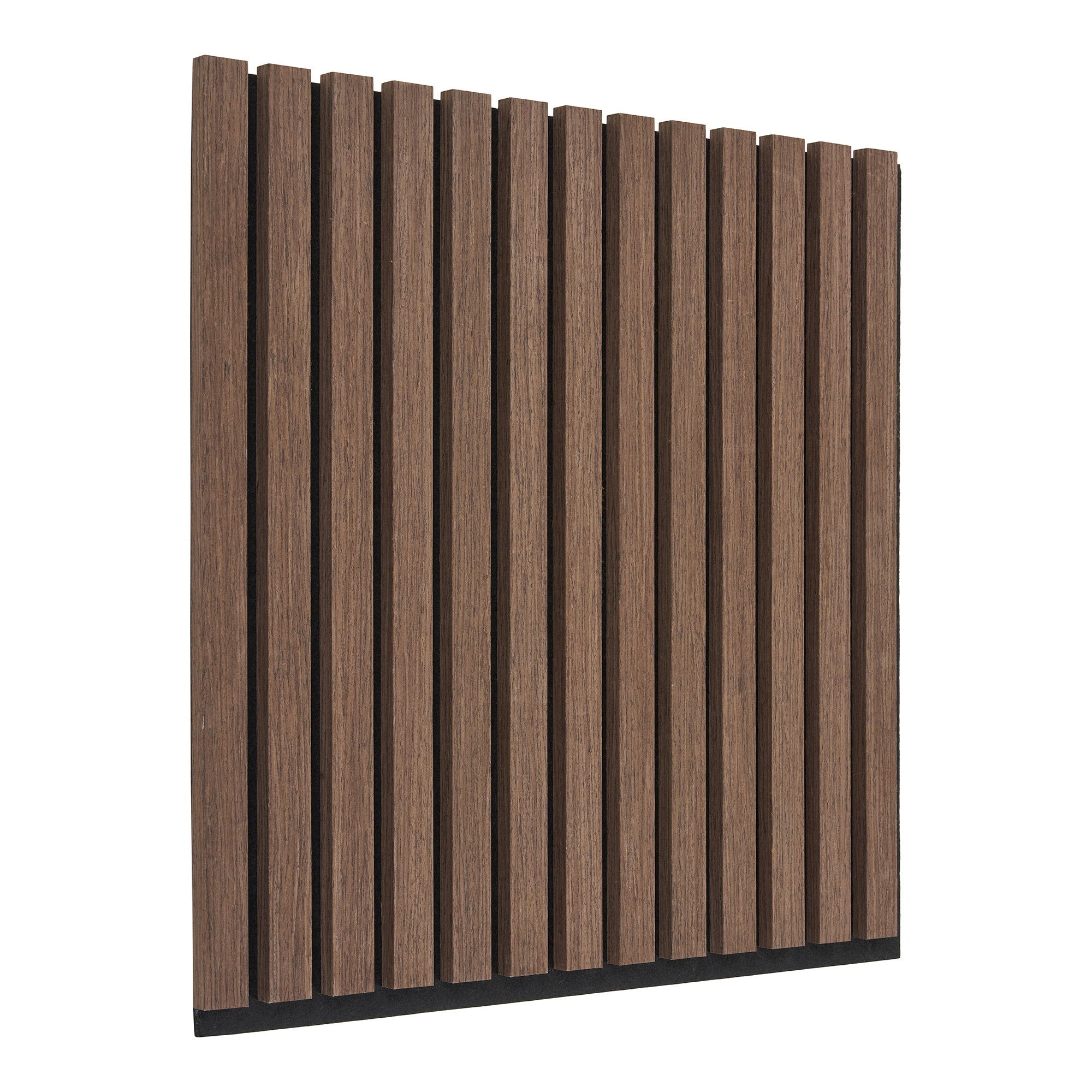 Panneau acoustique plaqué noyer vue angle relief lames bois foncé fond blanc