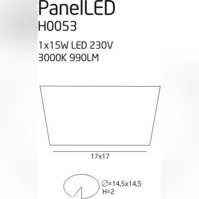 Schéma coté du panneau LED Panelled carré de 17 cm de côté avec sa découpe au plafond et sa profondeur d'encastrement