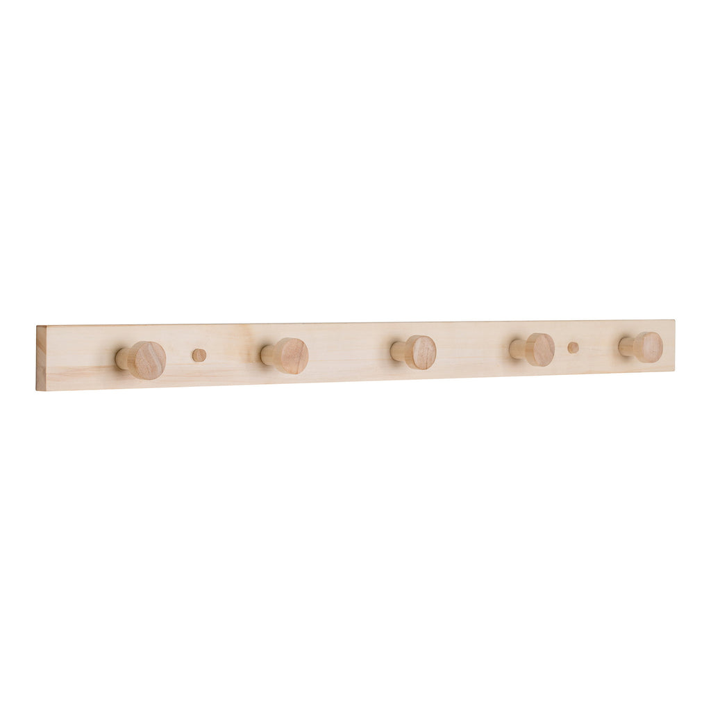 Patère Abano bois peuplier naturel 5 crochets ronds vue trois quarts profil lame bois clair
