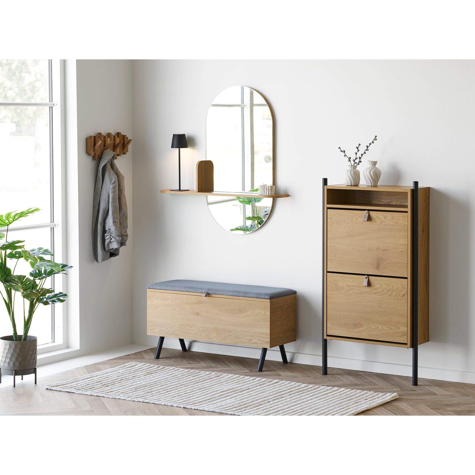 Patère Caltra chêne naturel entrée complète miroir banc coffre meuble chaussures style nordique