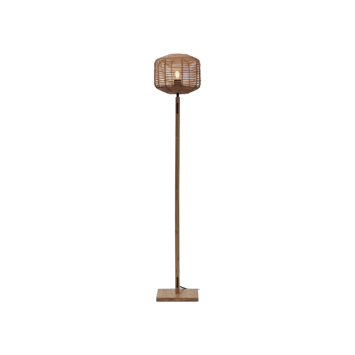 Petit lampadaire droit Tanami en rotin naturel avec son abat-jour tambour au sommet d'un mât en bambou