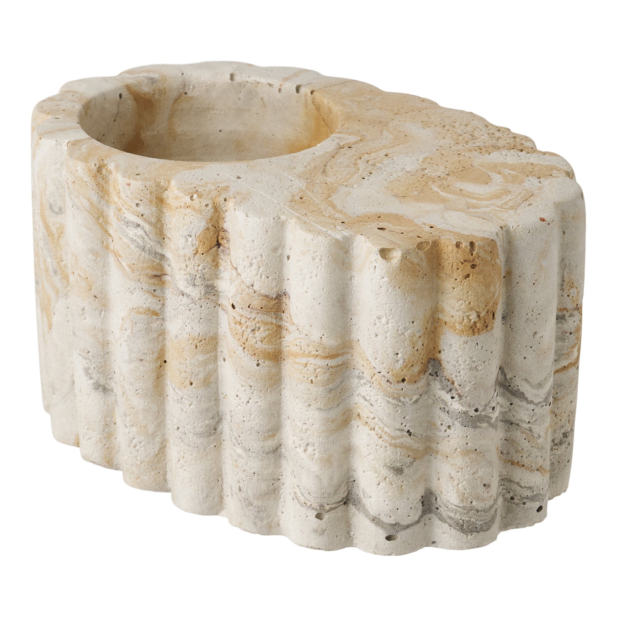 Photophore ciment marbré beige ocre cannelures verticales vue trois quarts face