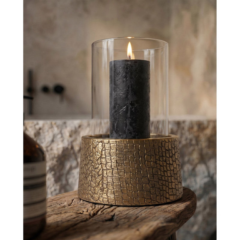 Dimensions Photophore en verre et aluminium socle croco finition laiton