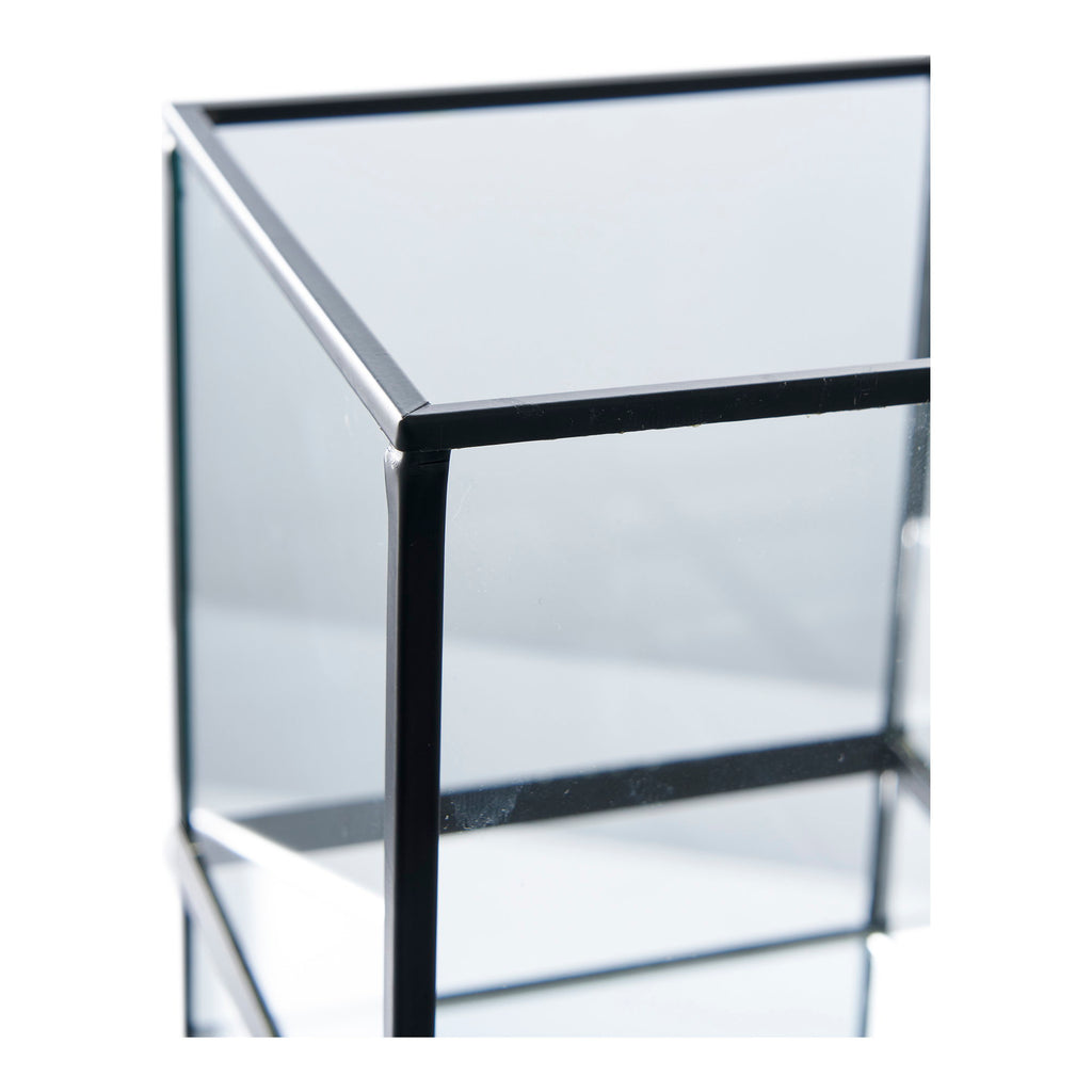 Détail armature métal noir ultra-fine photophore Hurricane cube design minimaliste