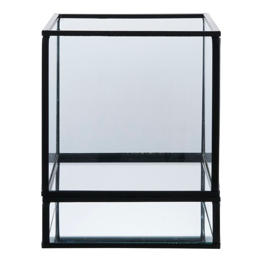 Photophore Hurricane cube en verre transparent et métal noir fond miroir, vue de face