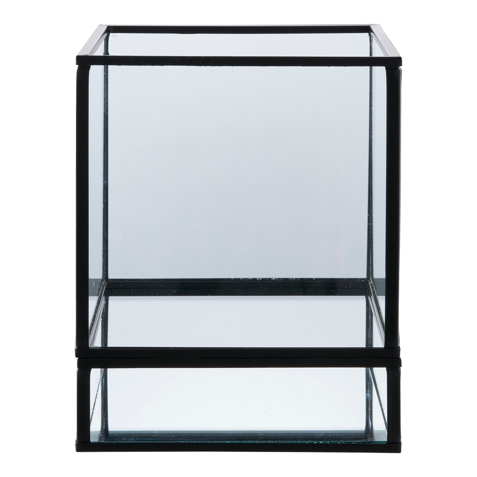 Photophore Hurricane cube en verre transparent et métal noir fond miroir, vue de face