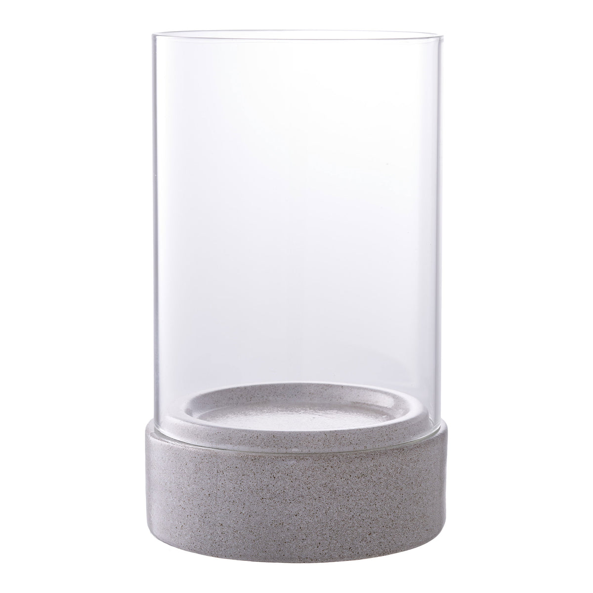 Photophore Hurricane cylindre en verre transparent posé sur une base ronde en céramique grise mouchetée