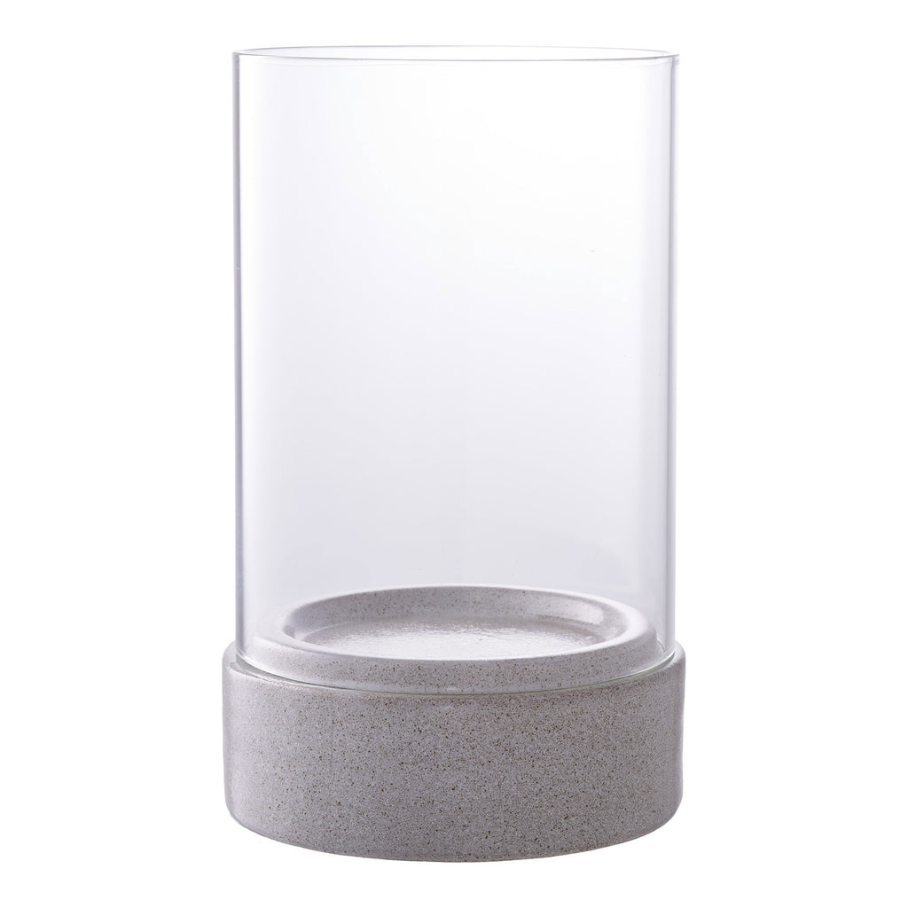 Photophore Hurricane cylindrique en verre transparent et base céramique grise, fond blanc