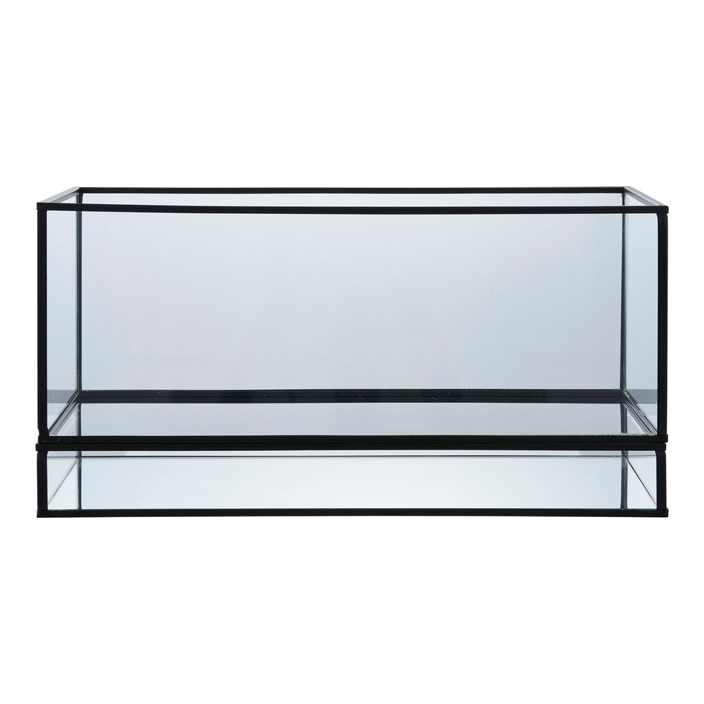 Photophore Hurricane rectangulaire en verre transparent et métal noir, fond miroir, vue face