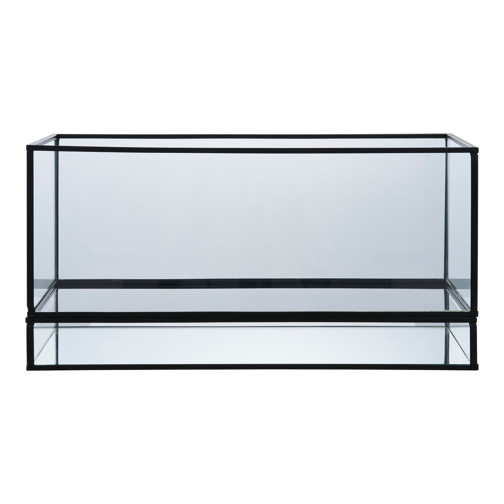 Photophore Hurricane rectangulaire en verre transparent et métal noir, fond miroir, vue face