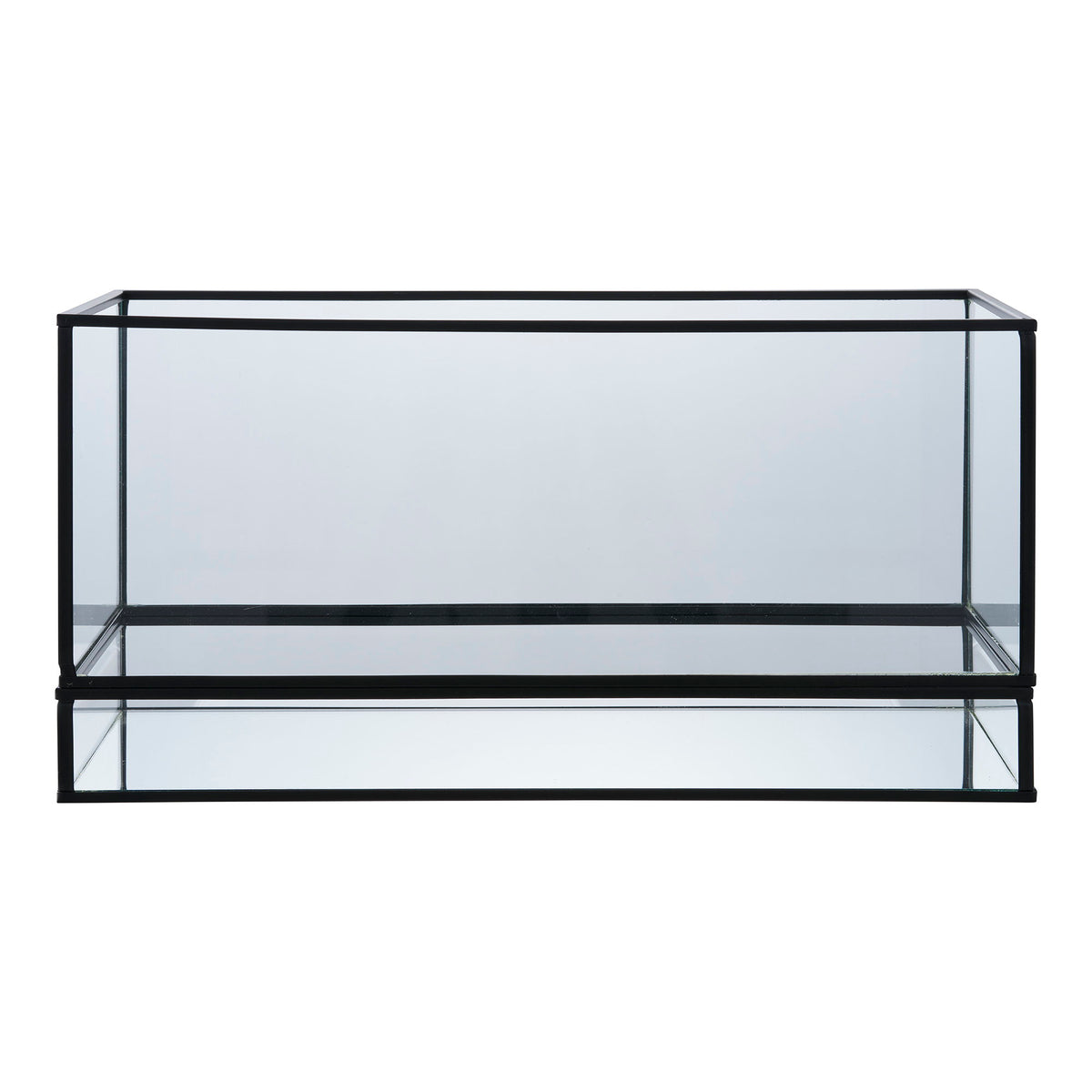 Photophore Hurricane rectangle 30 x 12 x 15 cm en verre transparent et métal noir vue de face plateau miroir sur socle vitré