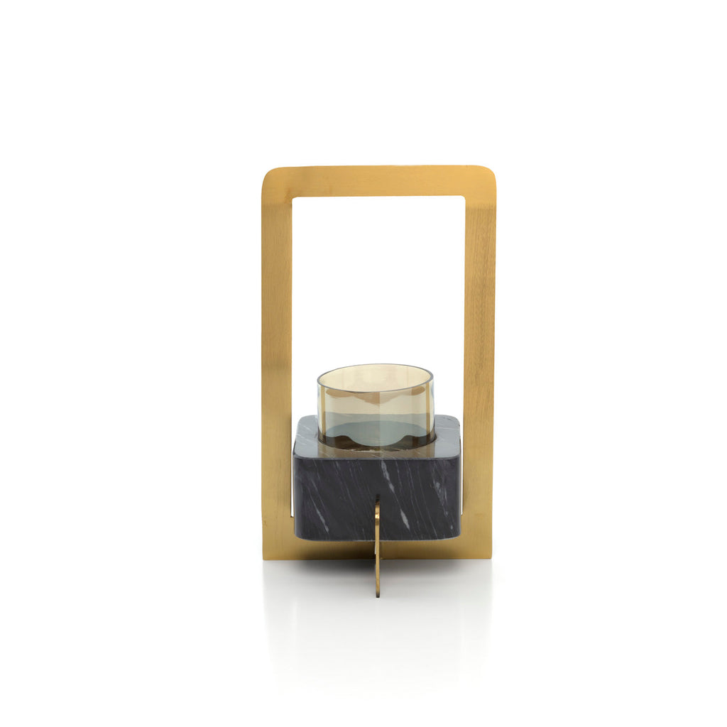 Photophore à socle de marbre noir et anse de laiton 31 cm