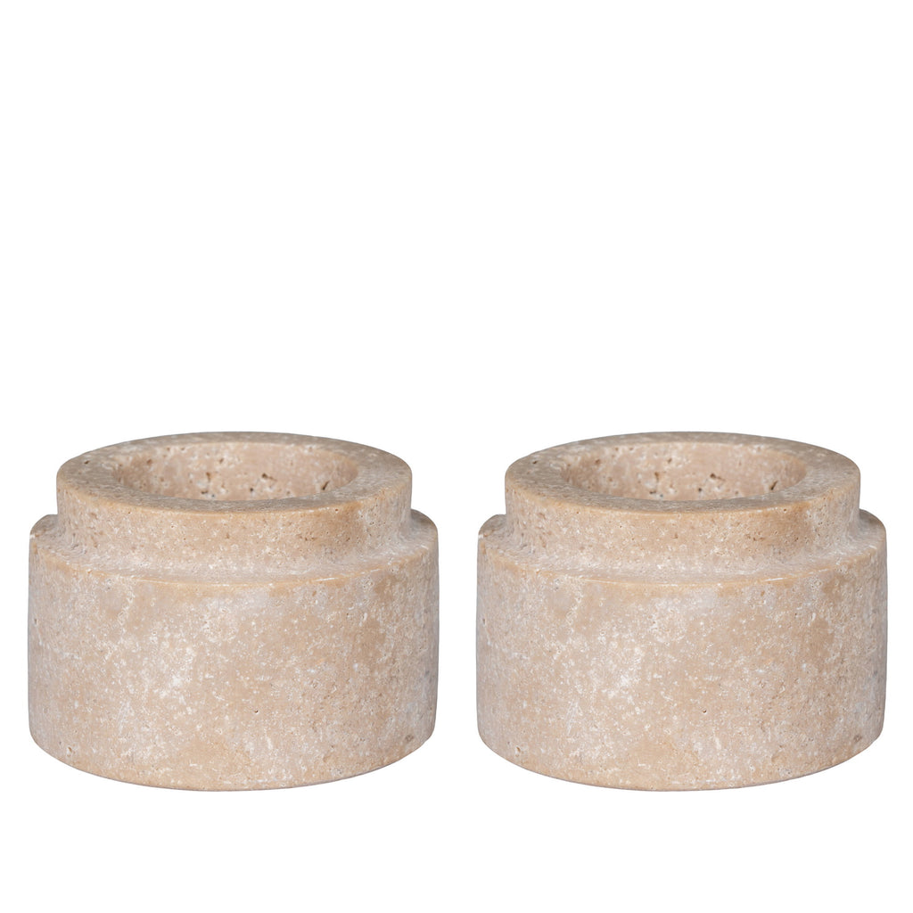 Set 2 photophores travertin naturel taillé main Ø7 H4,5 cm profil gradins vue face