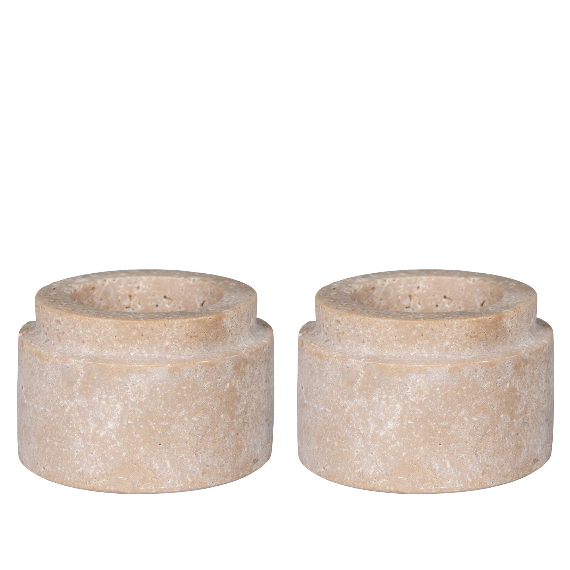 Set 2 photophores travertin naturel taillé main Ø7 H4,5 cm profil gradins vue face