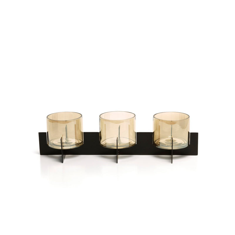Dimensions Porta-velas com três vidros fumados sobre barra preta 40 cm
