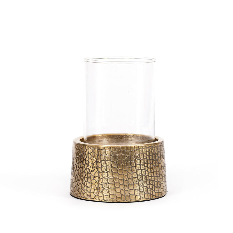 Dimensions Photophore à verre cylindrique et socle croco laiton 24 cm
