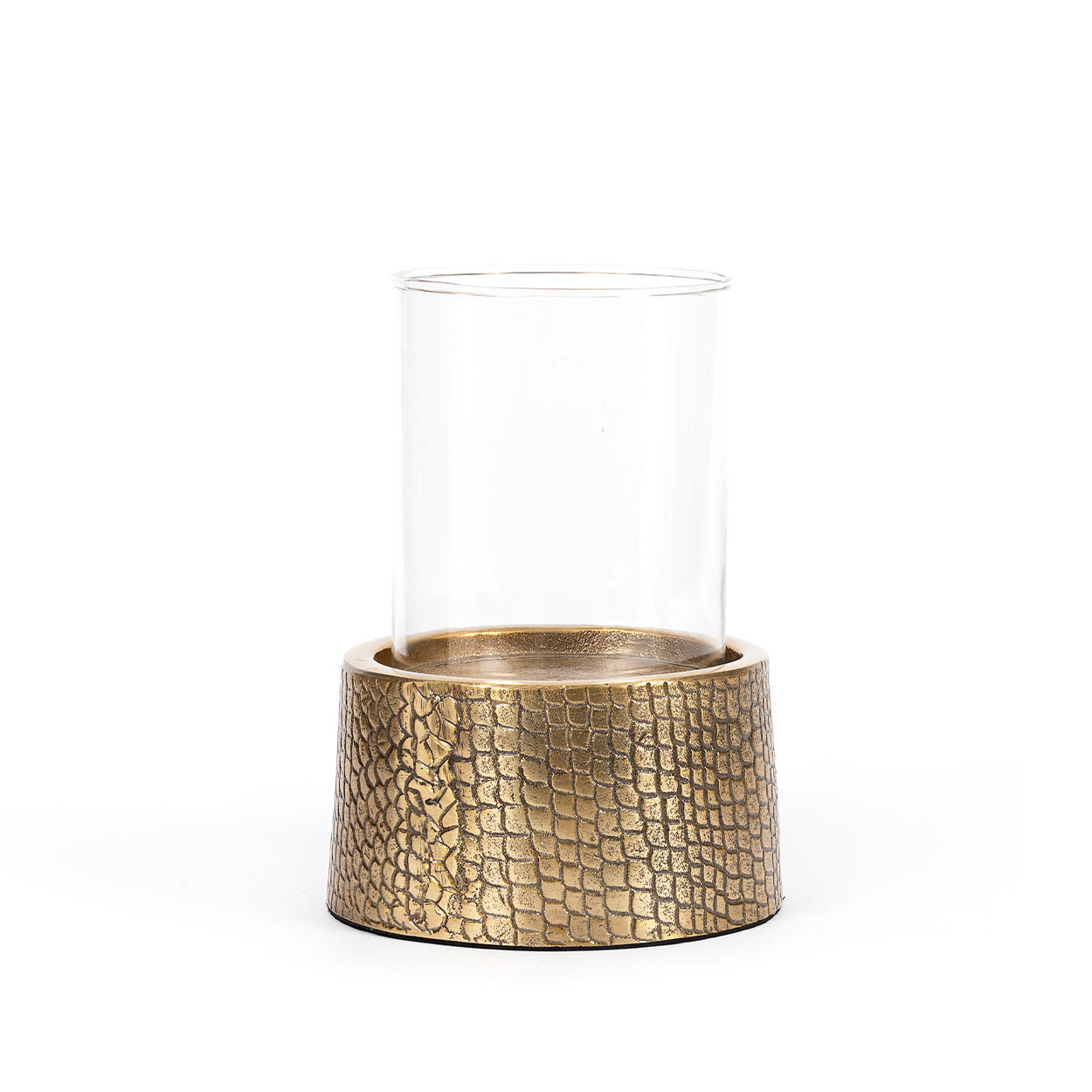 Photophore à verre cylindrique et socle croco laiton 24 cm