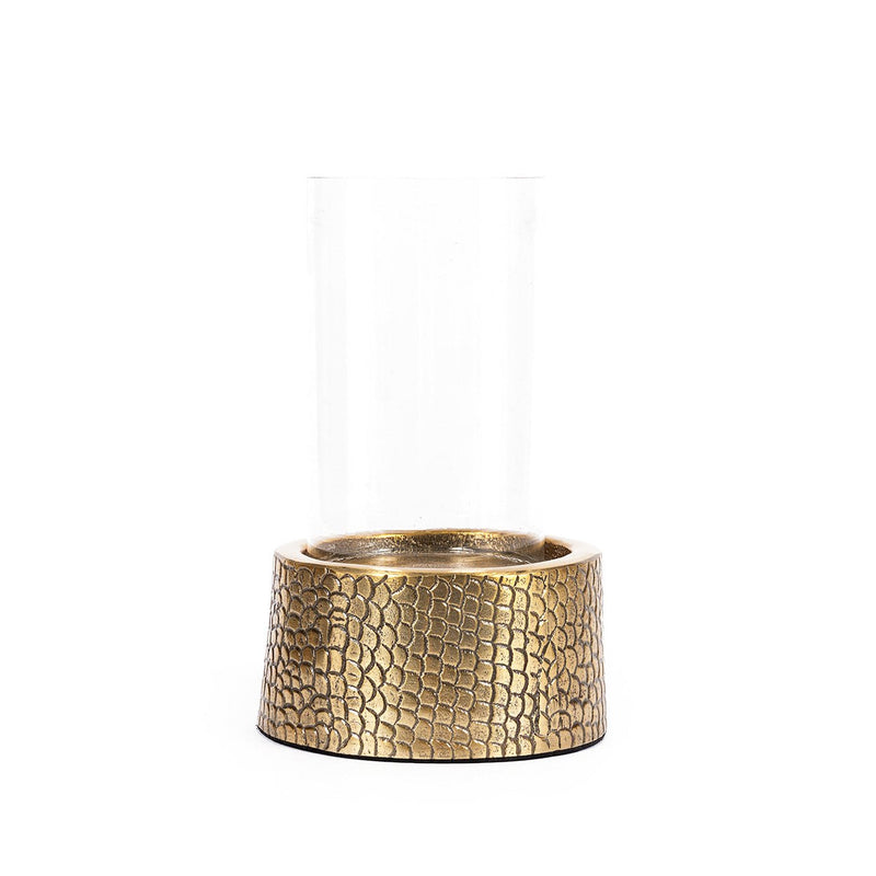 Dimensions Photophore à verre élancé et socle croco laiton 22 cm