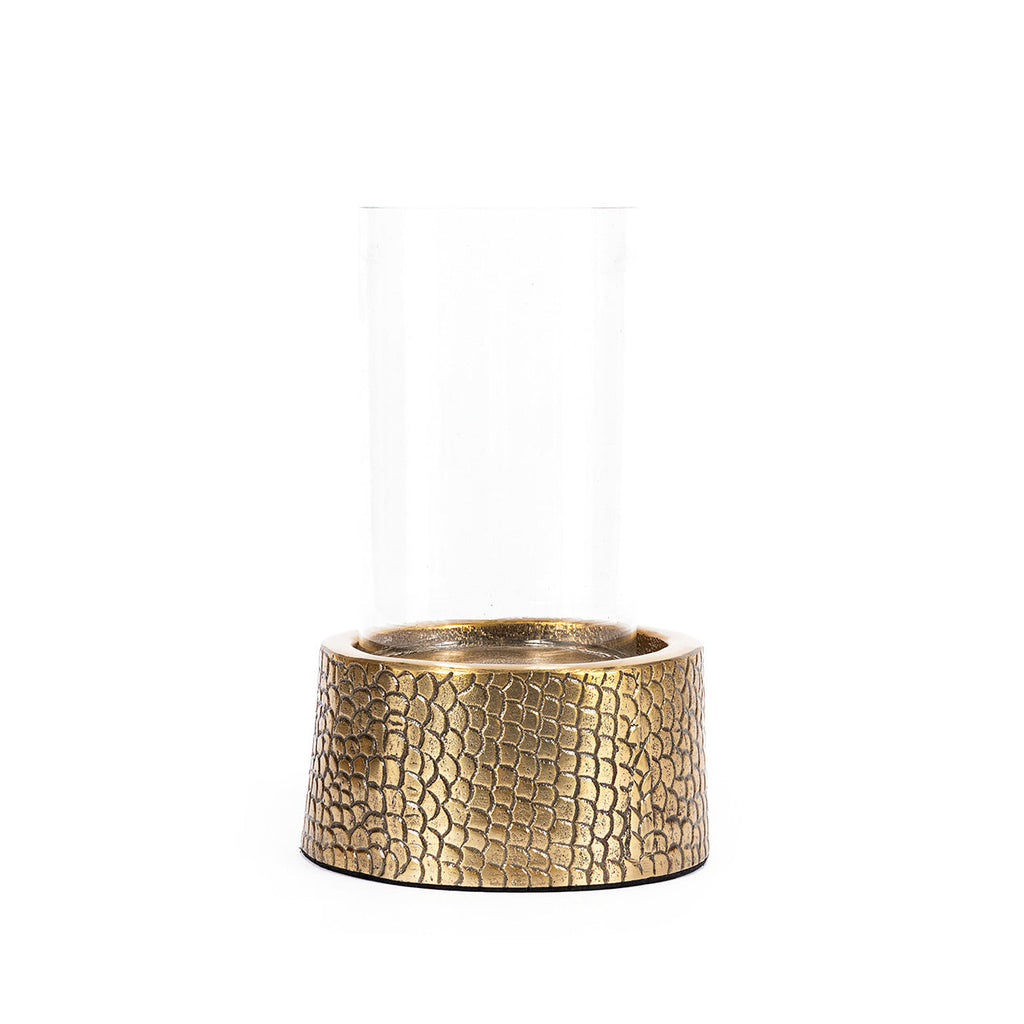 Photophore à verre élancé et socle croco laiton 22 cm