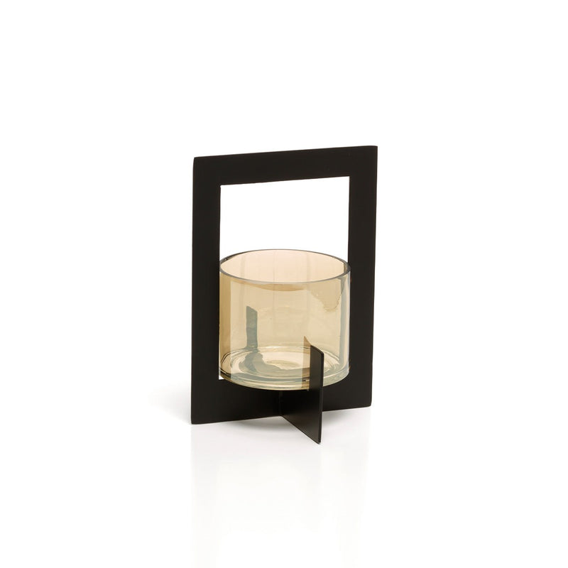 Dimensions Photophore en verre fumé à cadre de métal noir 18 cm