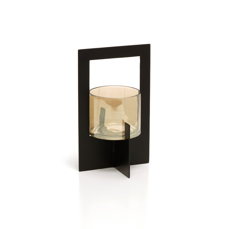 Dimensions Photophore en verre fumé dans un cadre de métal noir 21 cm