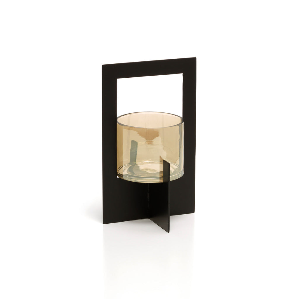 Photophore en verre fumé dans un cadre de métal noir 21 cm