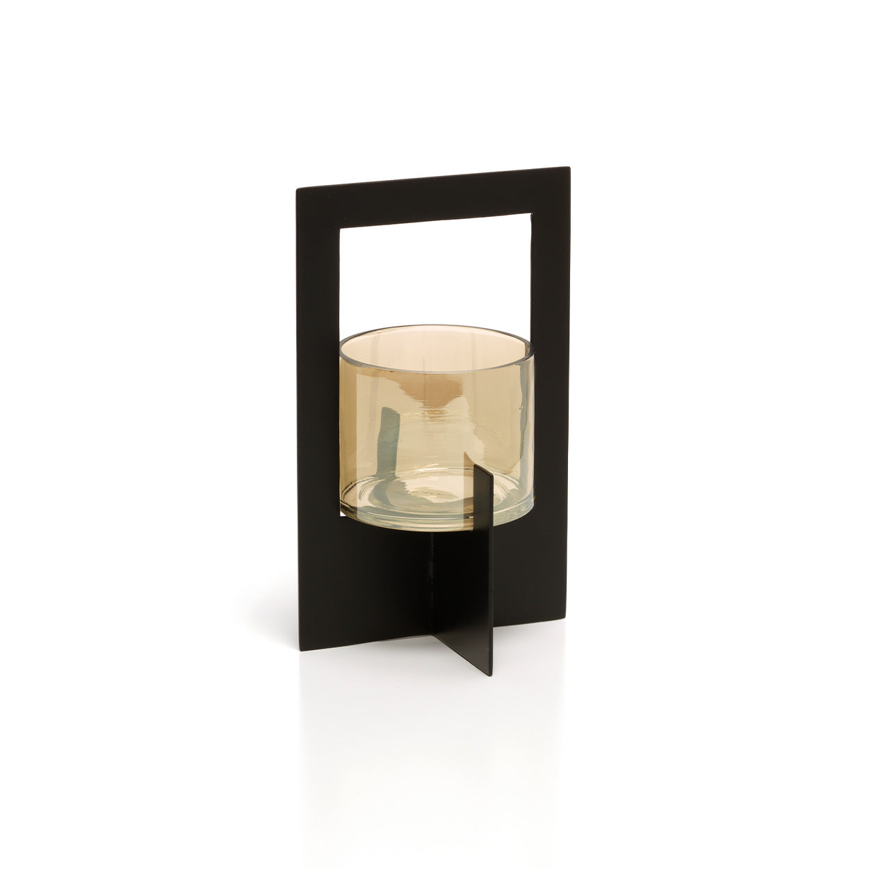 Photophore en verre fumé dans un cadre de métal noir 21 cm