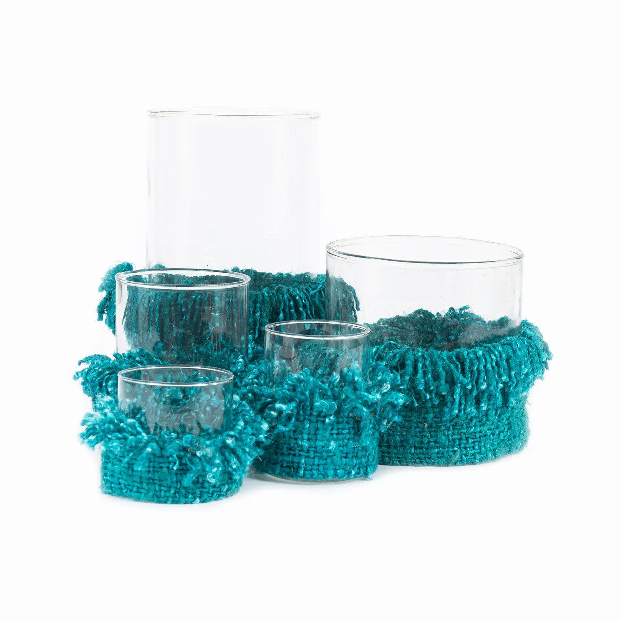 Photophore en verre à manchette tissée turquoise 11 cm, vue 5