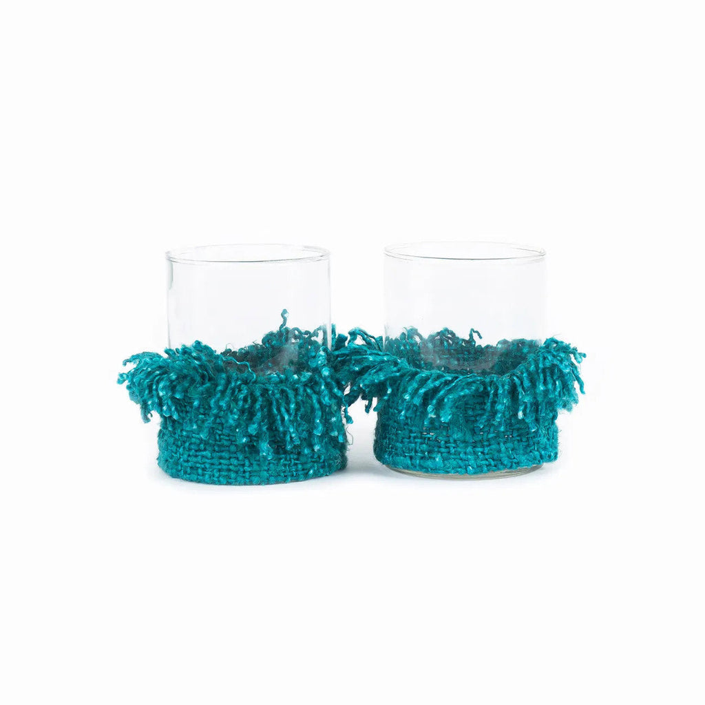 Photophore en verre à manchette tissée turquoise 13 cm, vue 4