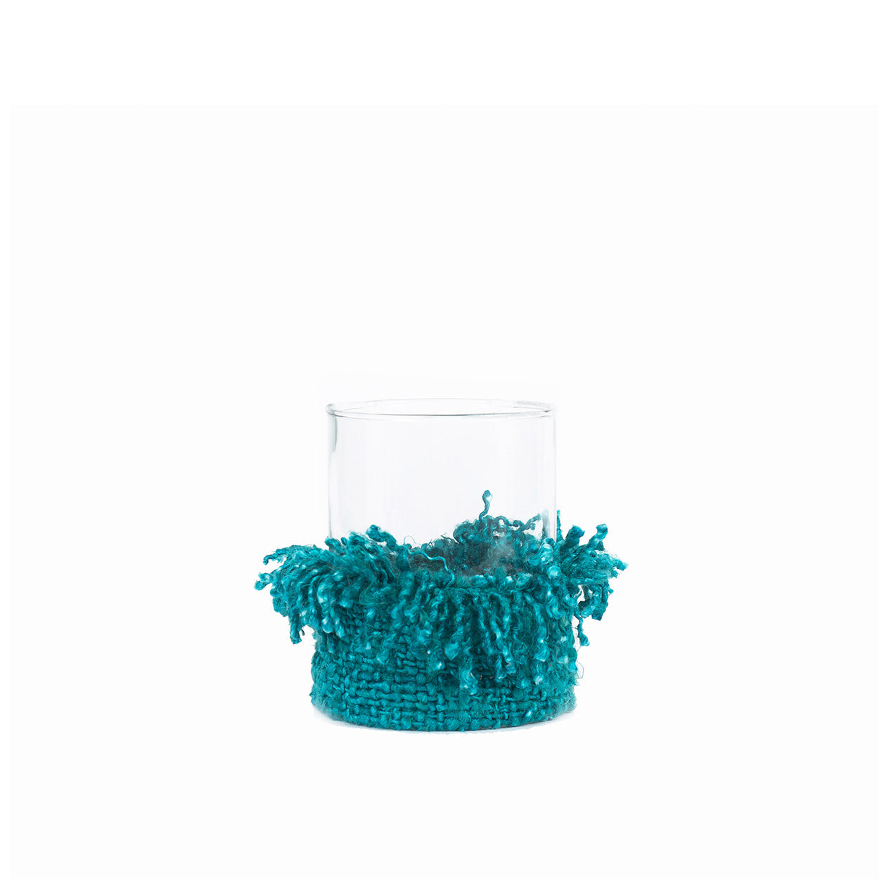 Photophore en verre à manchette tissée turquoise 13 cm