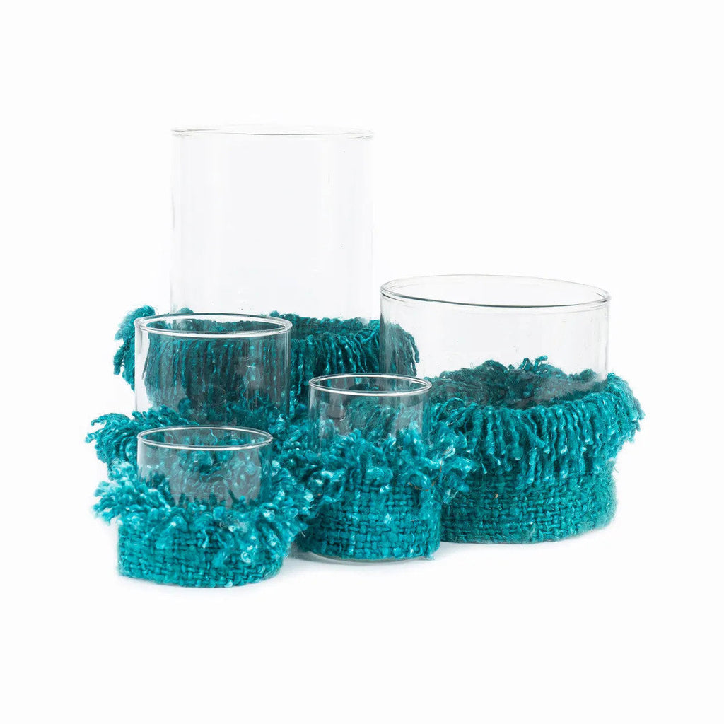 Photophore en verre à manchette tissée turquoise 8 cm, vue 5