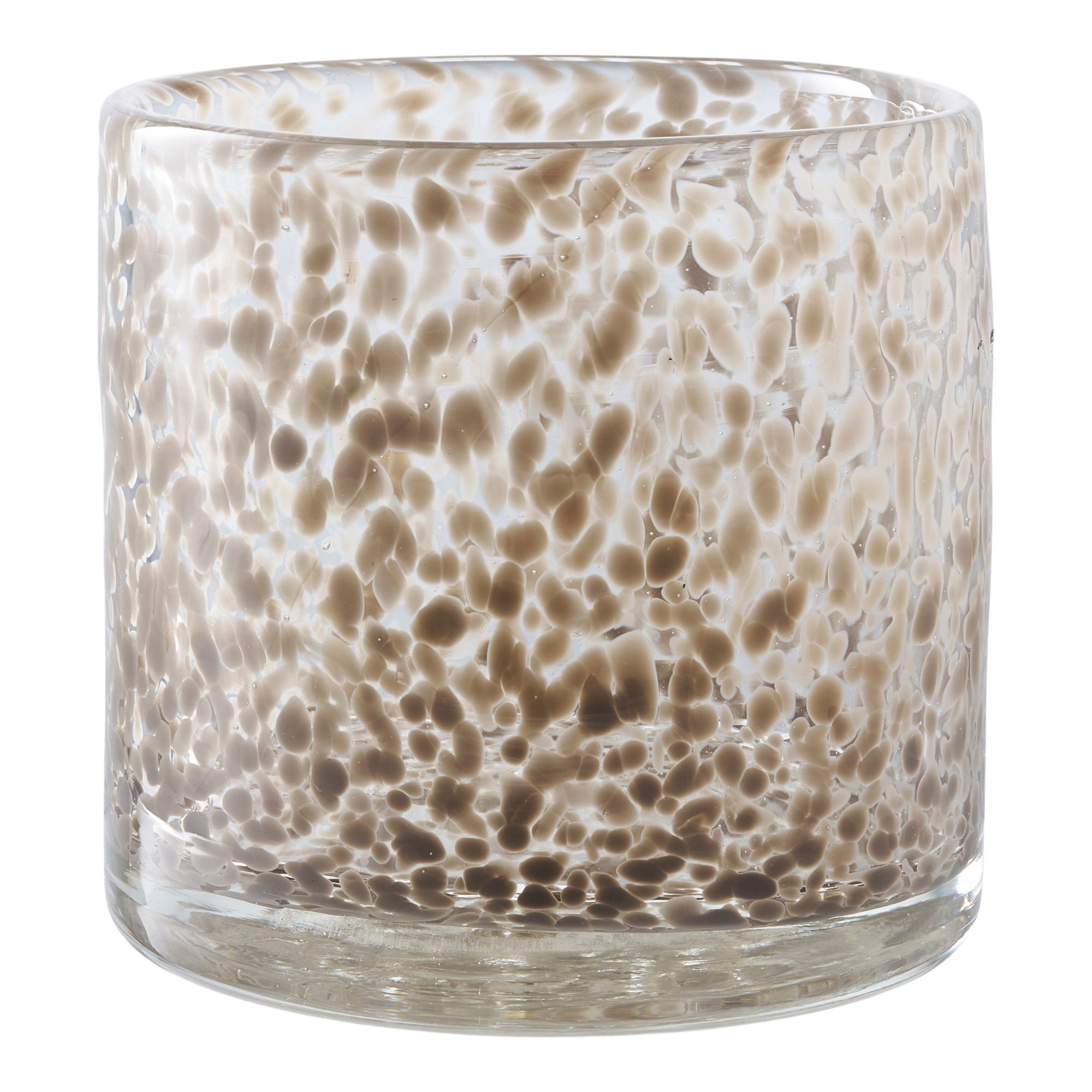 Photophore verre soufflé moucheté taupe beige blanc cylindrique Ø12 H11,5 cm vue face