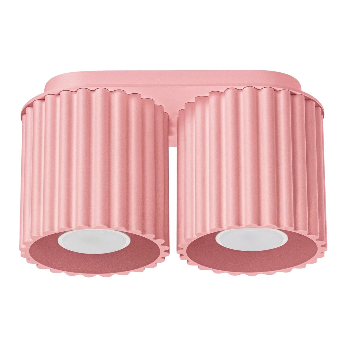 Plafonnier Aura à deux spots cannelés en laque rose sur fond blanc