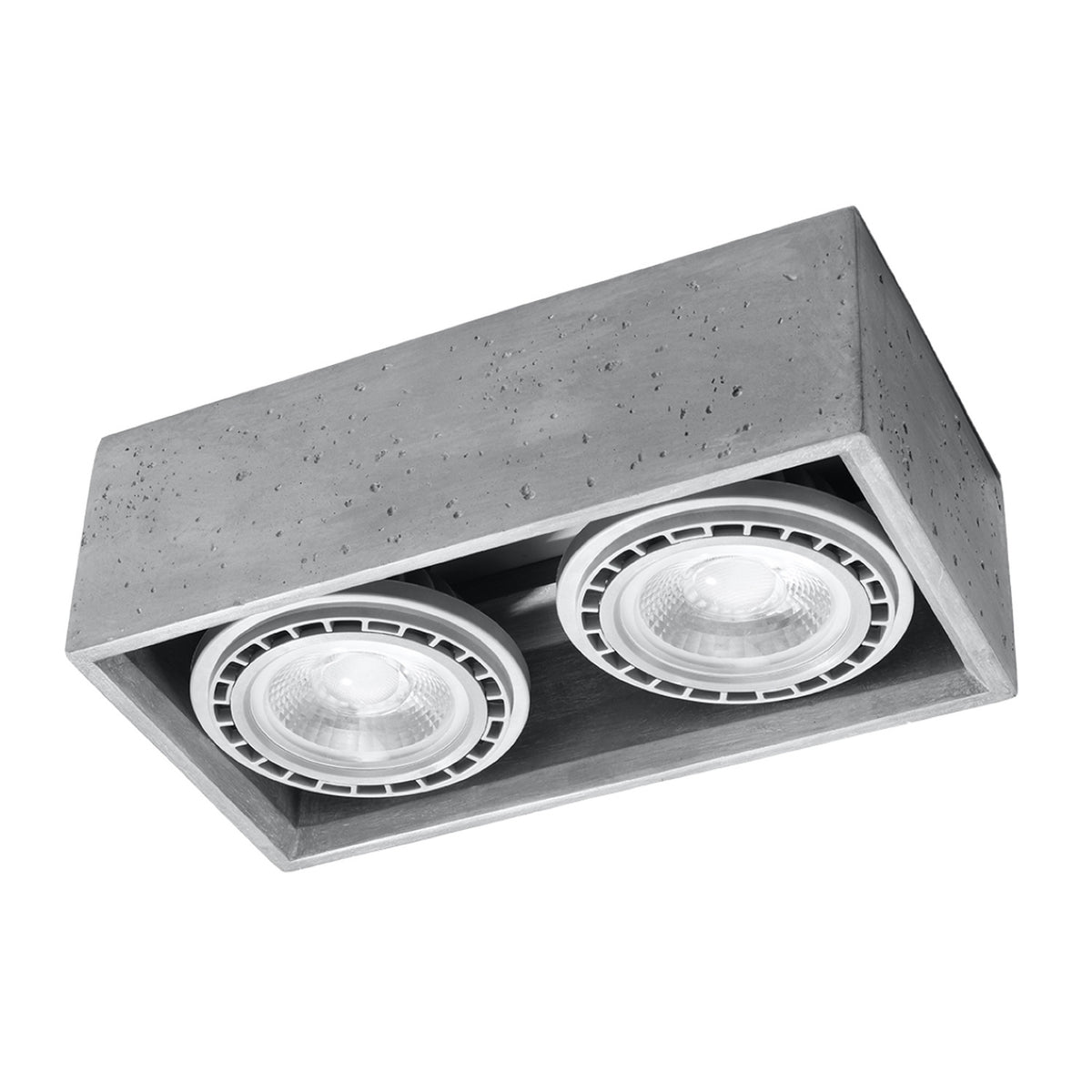 Plafonnier Quatro deux spots béton gris boîtier rectangulaire vu de trois quarts sur fond blanc