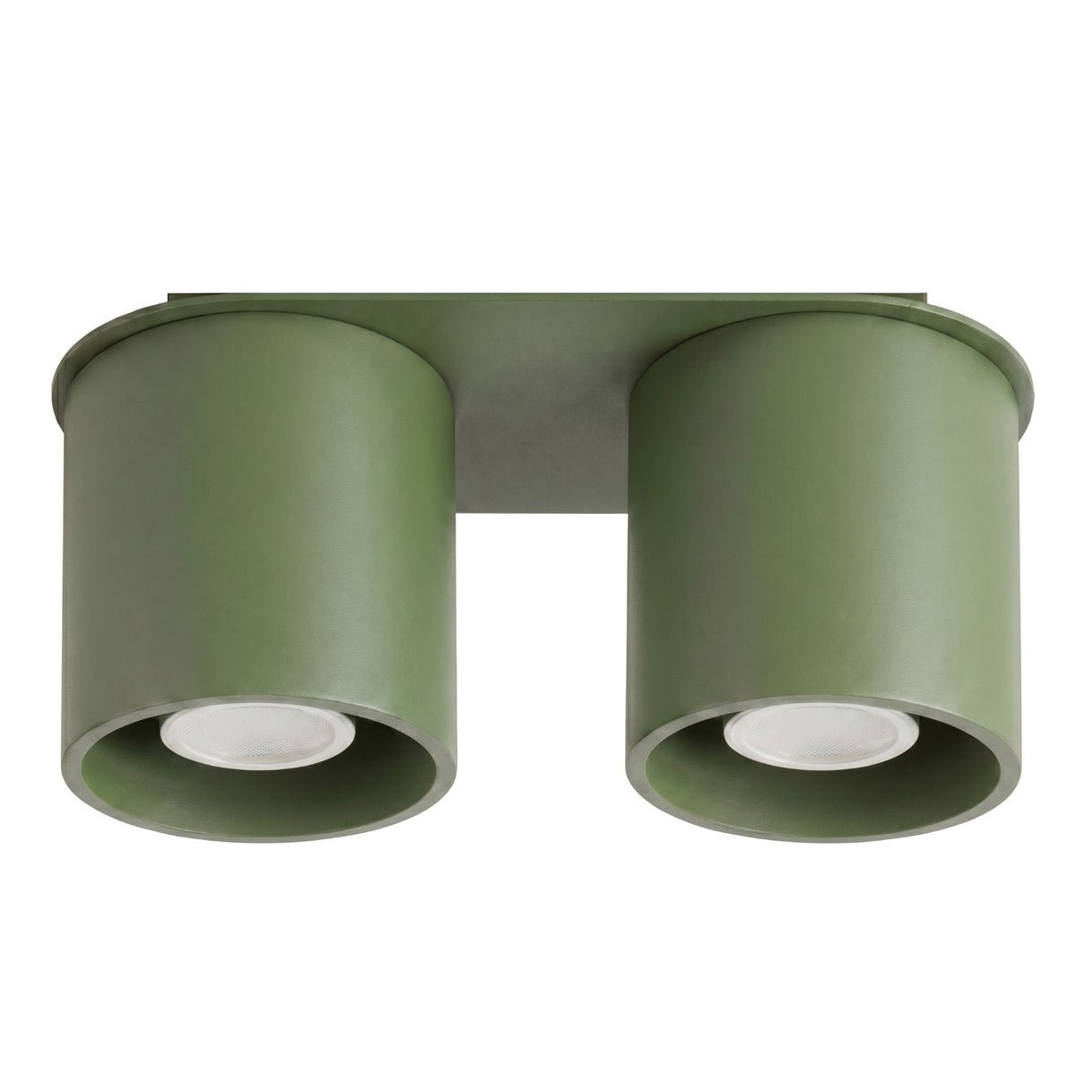 Plafonnier 2 spots Orbis laque vert olive détouré avec ses deux cylindres réunis sur une platine