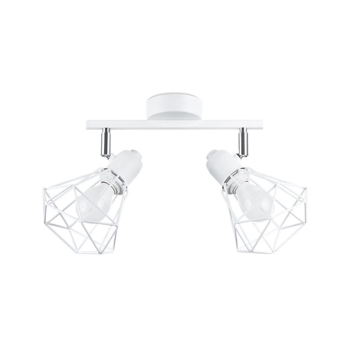 Plafonnier Artemis Métal blanc deux spots orientables à cage filaire diamant sur une barre et rotules chromées
