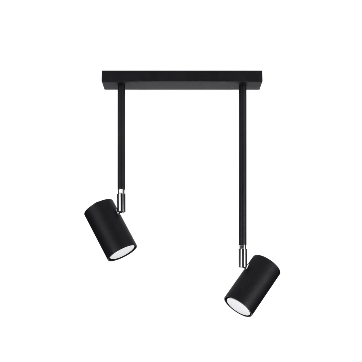 Plafonnier Norano 2 spots noir vu de face avec sa platine rectangulaire et ses bagues chromées
