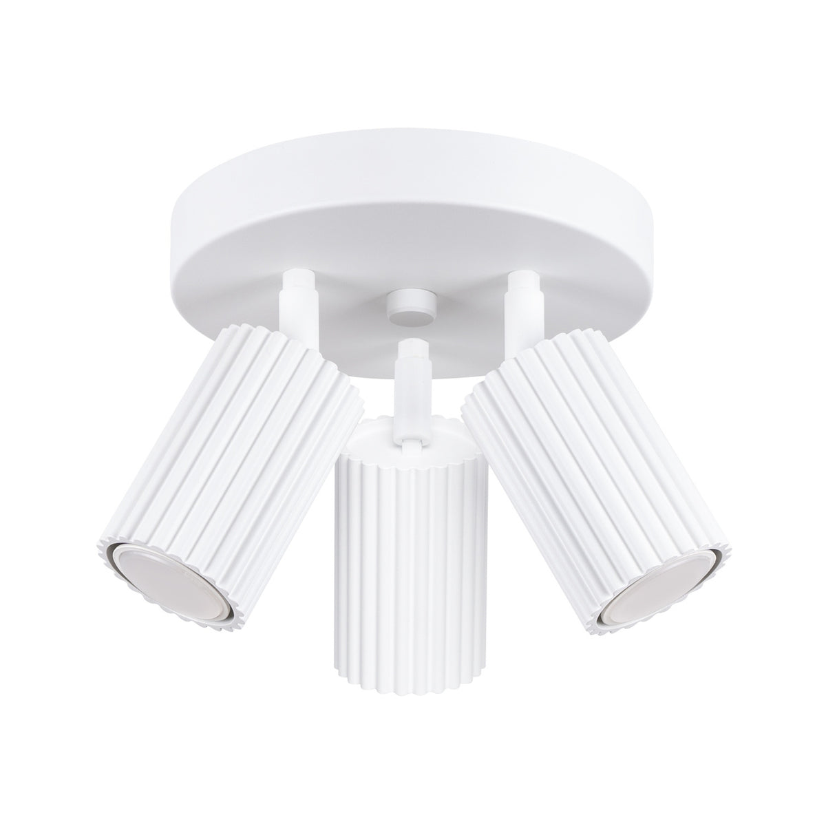 Plafonnier Karbon laque blanche avec trois spots cannelés orientables sous une platine ronde