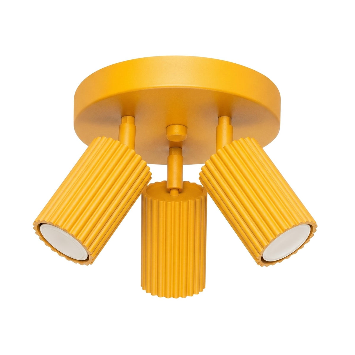 Plafonnier Karbon laque jaune avec trois spots cannelés orientables sous une platine ronde