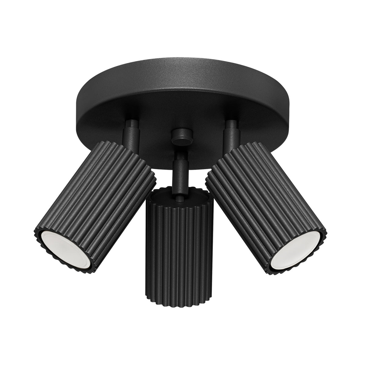 Plafonnier Karbon laque noire avec trois spots cannelés orientables sous une platine ronde