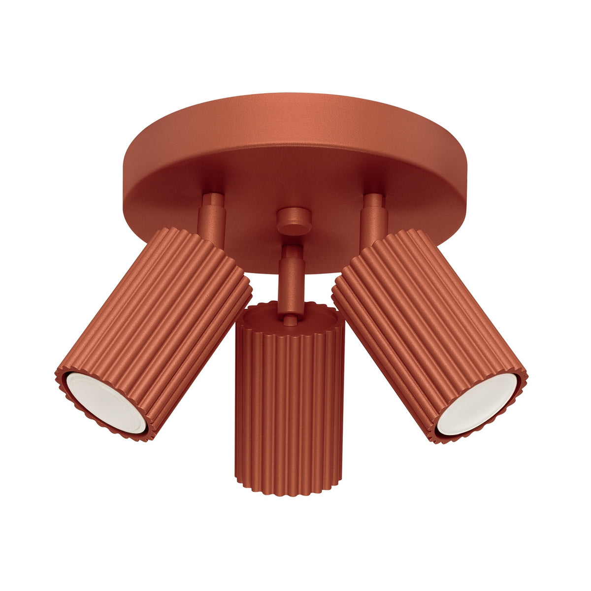 Plafonnier Karbon laque rouge ocre avec trois spots cannelés orientables sous une platine ronde