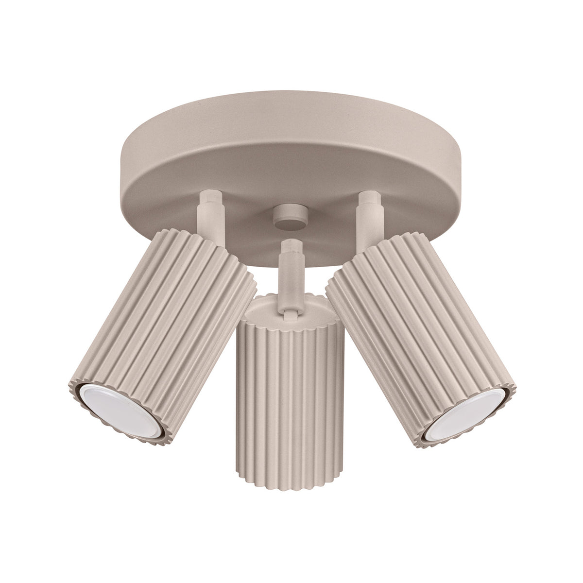 Plafonnier Karbon laque taupe avec trois spots cannelés orientables sous une platine ronde
