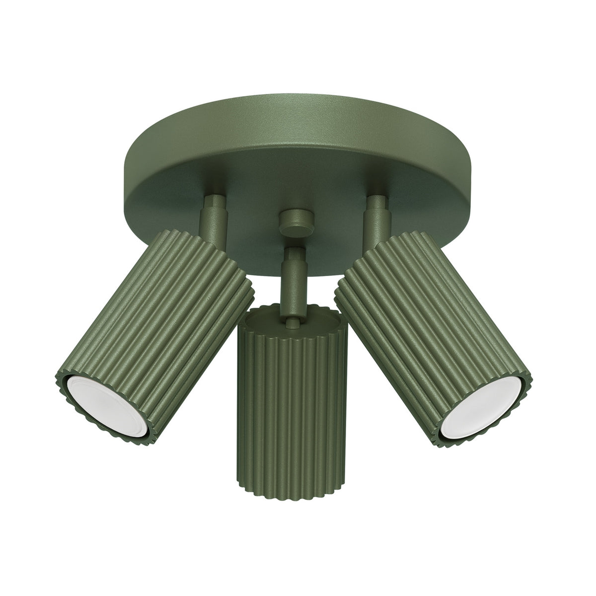 Plafonnier Karbon laque vert olive avec trois spots cannelés orientables sous une platine ronde