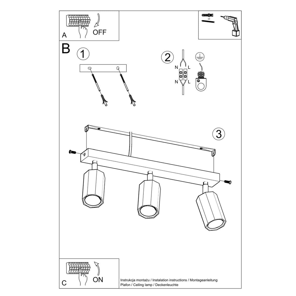 Schéma de montage du plafonnier Zeke patte de fixation branchement et vissage de la réglette