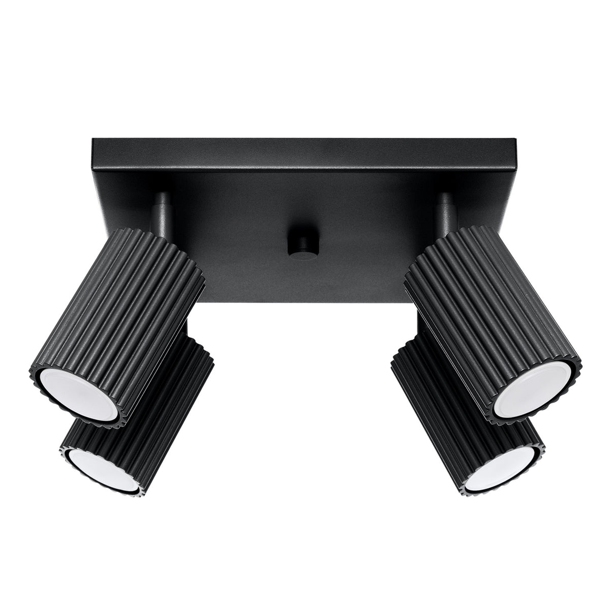 Plafonnier Karbon laque noire à quatre spots cannelés orientables sous une platine carrée
