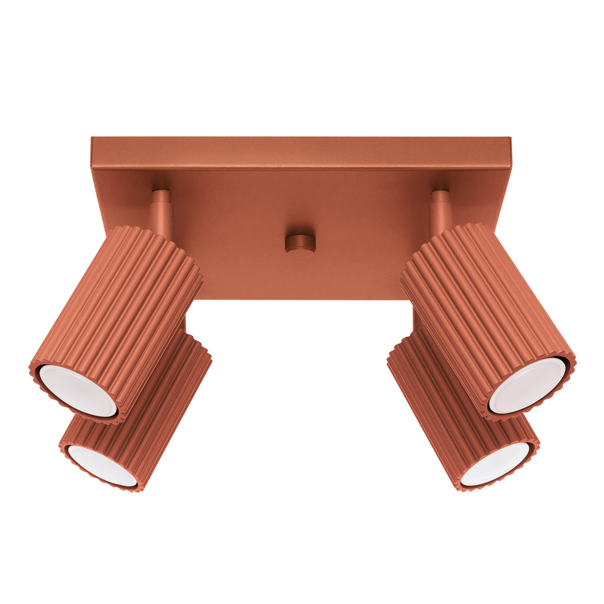 Plafonnier Karbon laque rouge ocre à quatre spots cannelés orientables sous une platine carrée