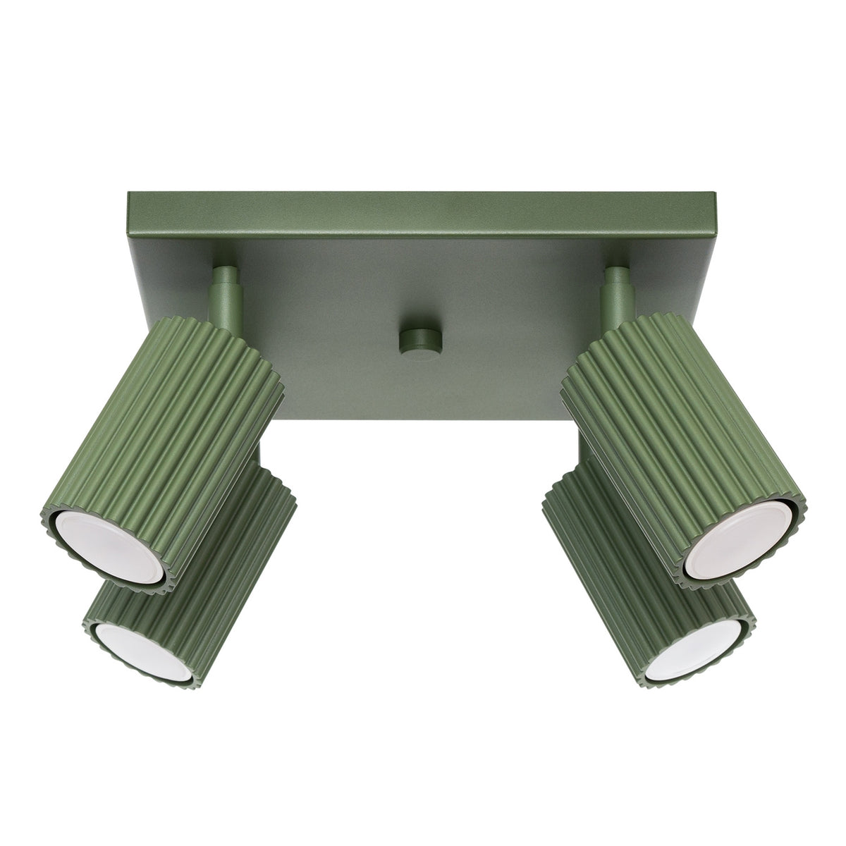 Plafonnier Karbon laque vert olive à quatre spots cannelés orientables sous une platine carrée