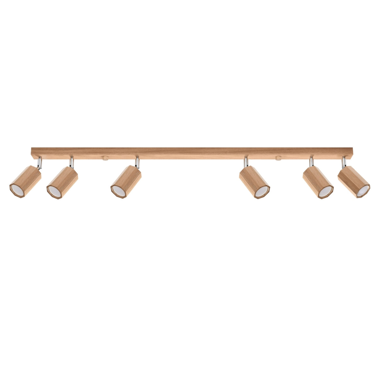 Plafonnier Zeke en chêne réglette de 120 cm et six spots octogonaux orientables sur fond blanc